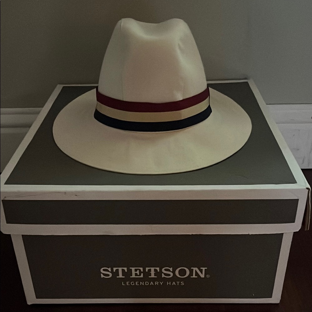 Lock & Co. Hatters Cream Fedora Hat with Red and Blue Band